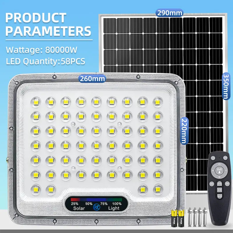 KKSKY Solar Lights Outdoor Waterproof IP67 Heavy Duty Solar Street Lights LED Floodlight, 80000W 58PCS LED split solar floodlight size and accessories display