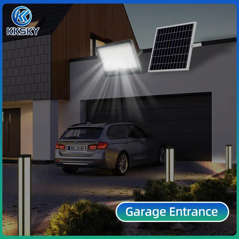 Night scene effects of KKSKY solar light in different settings: yard, garage entrance, street and factory, showing different power levels' illumination