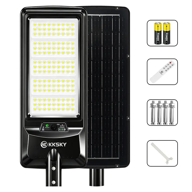 KKSKY all-in-one solar street light with complete accessories, remote control, mounting bolts and backup batteries, outdoor solar flood lamp with PIR motion sensor