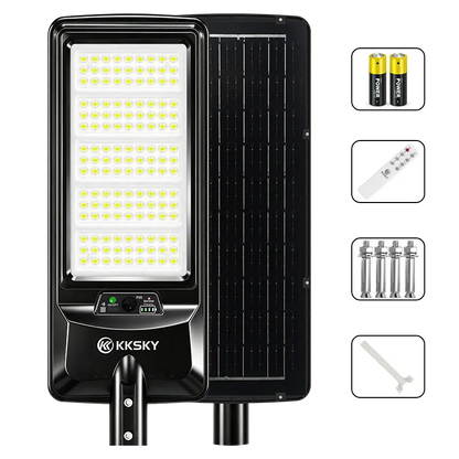 KKSKY all-in-one solar street light with complete accessories, remote control, mounting bolts and backup batteries, outdoor solar flood lamp with PIR motion sensor