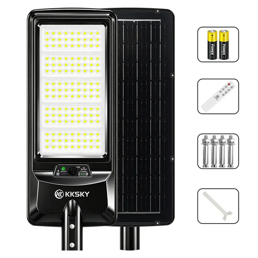 KKSKY all-in-one solar street light with complete accessories, remote control, mounting bolts and backup batteries, outdoor solar flood lamp with PIR motion sensor