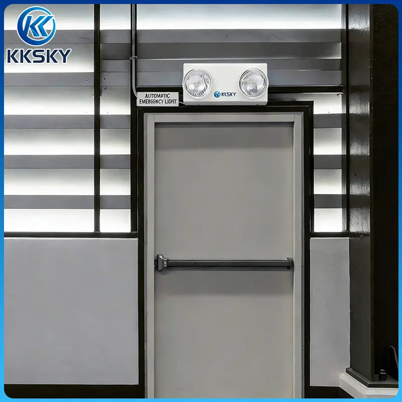 KKSKY automatic LED emergency light installed above fire exit door, commercial wall mount twin head emergency lamp