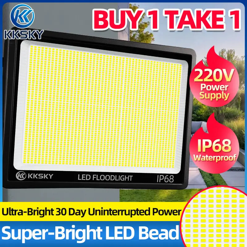 Buy 1 Take 1 KKSKY IP68 LED floodlight 220V ultra bright waterproof outdoor lamp with high‑density LED beads