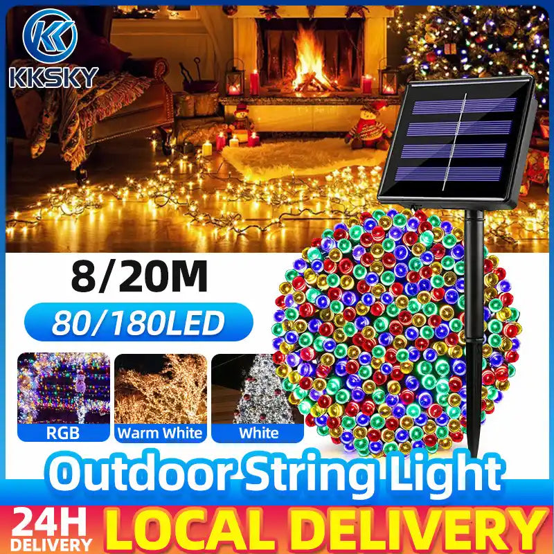KKSKY solar string lights outdoor product,fairy lamps with 8/20M 80/180LED options,available in warm white,white and RGB colors