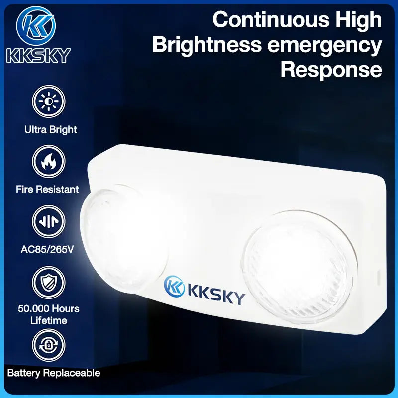 KKSKY continuous high brightness emergency light feature graphic, ultra bright, fire resistant, replaceable battery