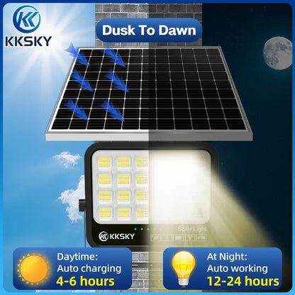 KKSKY dusk to dawn solar light outdoor, auto‑charging daytime auto working at night, solar flood lamp for garden yard