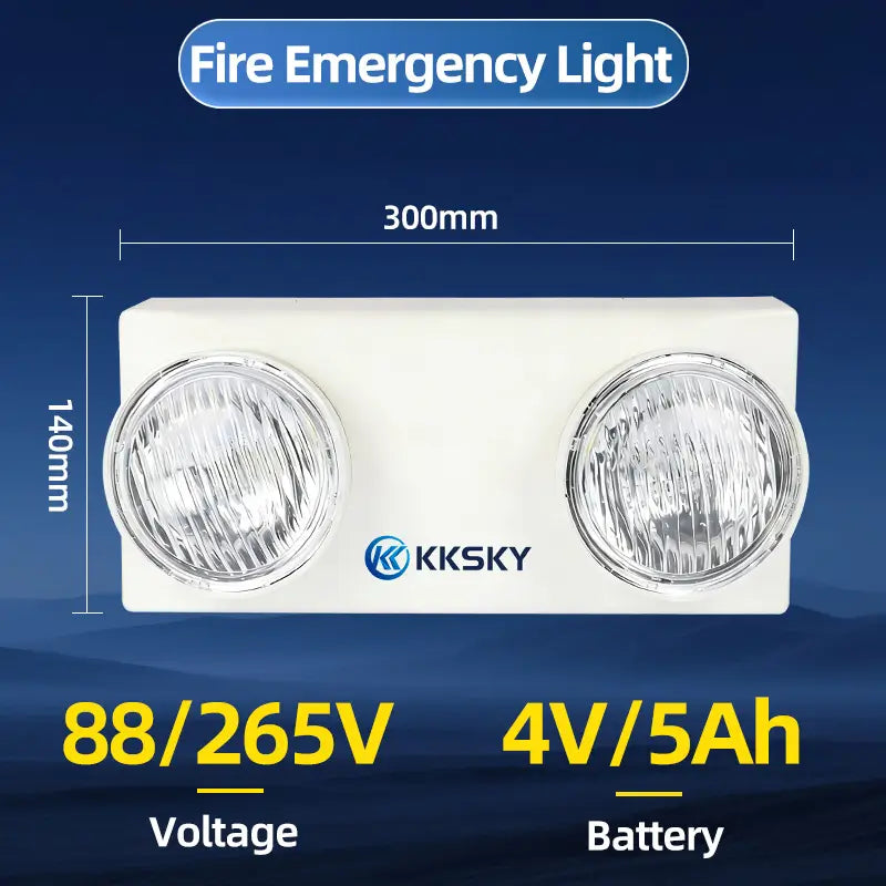 KKSKY fire emergency light dimension and specs chart,300mm x140mm,AC88-265V,4V 5Ah rechargeable battery