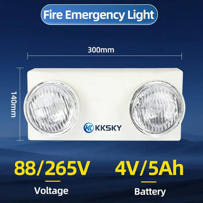 KKSKY fire emergency light dimension and specs chart,300mm x140mm,AC88-265V,4V 5Ah rechargeable battery