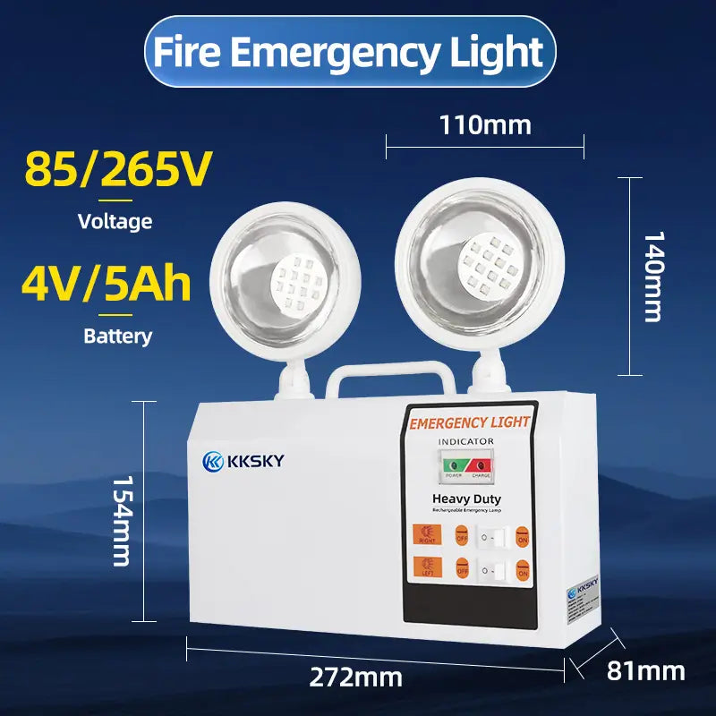 KKSKY twin head fire emergency light dimension chart, heavy duty rechargeable LED emergency lamp with 85-265V voltage and 4V 5Ah battery