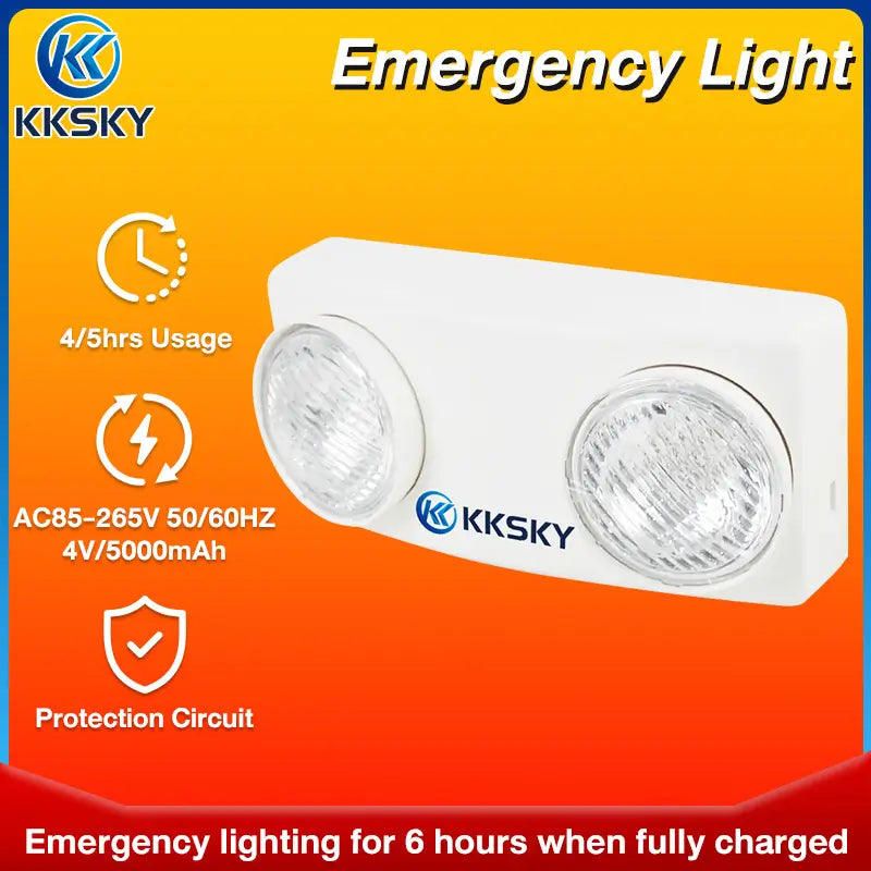 KKSKY heavy duty LED emergency light specification poster, AC85-265V, 4V 5000mAh battery with protection circuit