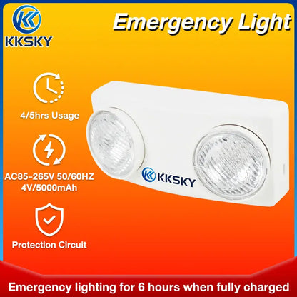 KKSKY heavy duty LED emergency light specification poster, AC85-265V, 4V 5000mAh battery with protection circuit