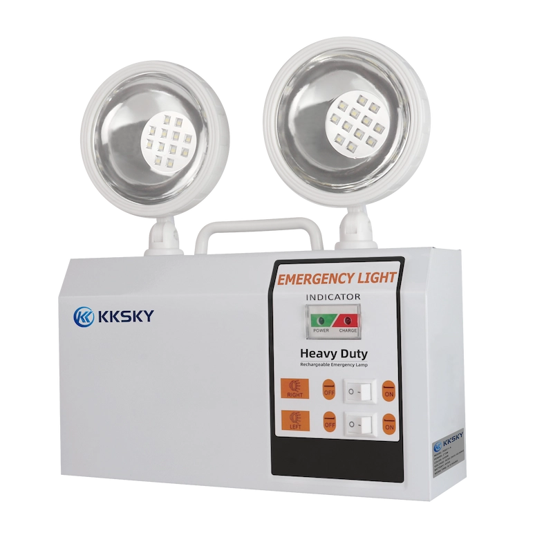 Wall mounted KKSKY twin head LED emergency light installed in elevator lobby for commercial fire emergency backup lighting