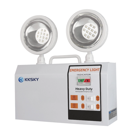 Wall mounted KKSKY twin head LED emergency light installed in elevator lobby for commercial fire emergency backup lighting
