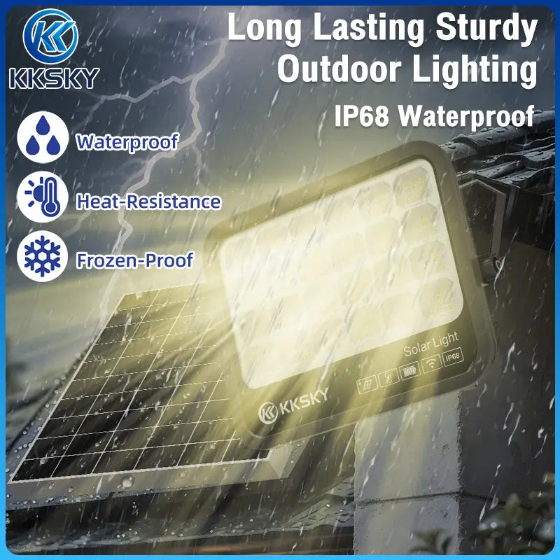 KKSKY IP68 waterproof solar light outdoor, heat‑resistant freeze‑proof, heavy rain weather resistant solar flood light