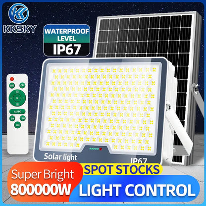 KKSKY lamp with solar panel, IP67 waterproof outdoor solar flood light with remote control, complete set with 5-year warranty for home & commercial use