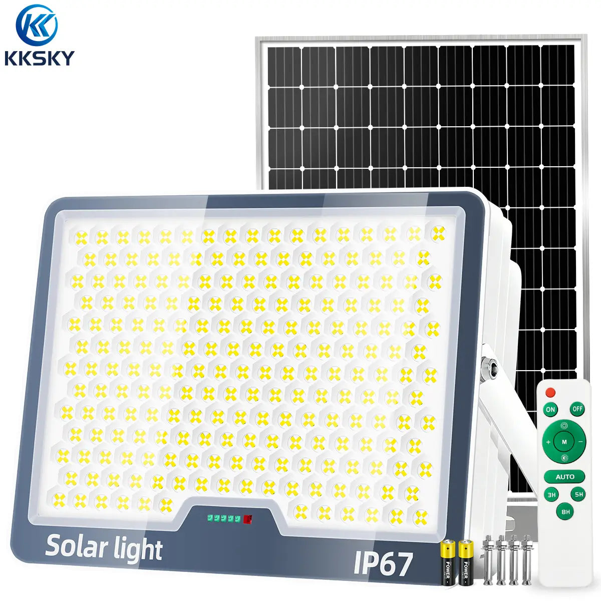 KKSKY lamp with solar panel, IP67 waterproof outdoor solar flood light with remote control, complete set for home & commercial use