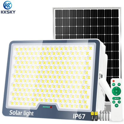 KKSKY lamp with solar panel, IP67 waterproof outdoor solar flood light with remote control, complete set for home & commercial use