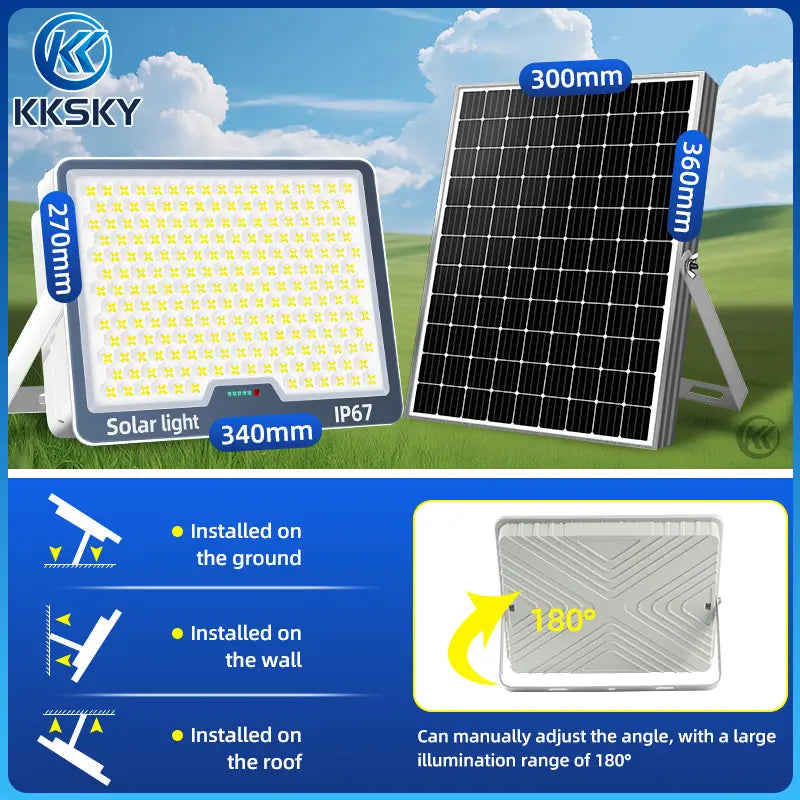 Close-up of KKSKY lamp with solar panel, showing high-efficiency LED beads, IP67 waterproof rating and adjustable mounting bracket for flexible installation