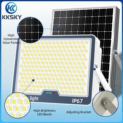 KKSKY lamp with solar panel featuring remote control and radar sensing mode, supporting 24-hour lighting and adjustable brightness for outdoor use