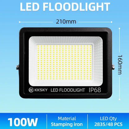 KKSKY 100W Electric LED Flood Light Outdoor Waterproof IP68, dimension specification sheet, stamping iron housing outdoor flood lamp