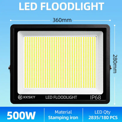 KKSKY 500W Electric LED Flood Light Outdoor Waterproof IP68, dimension parameters, stamping iron housing high power flood lamp`