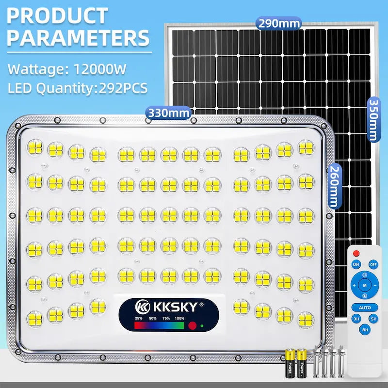 KKSKY 12000W solar flood light parameter chart, 292PCS LED chips split outdoor solar LED street light with remote control, IP67 waterproof heavy duty solar floodlight dimension