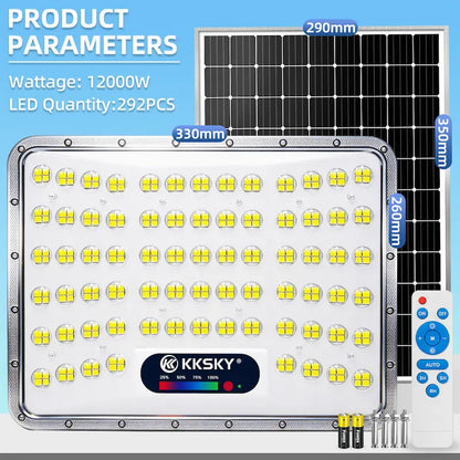 KKSKY 12000W solar flood light parameter chart, 292PCS LED chips split outdoor solar LED street light with remote control, IP67 waterproof heavy duty solar floodlight dimension