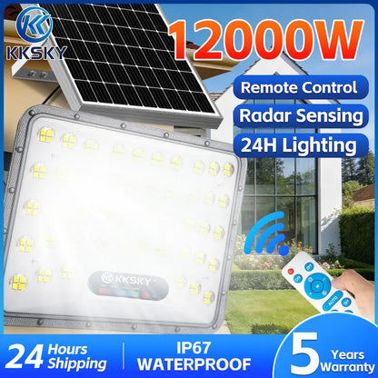 KKSKY solar flood light heavy duty IP67 waterproof outdoor LED street light, 12000W super bright split solar floodlight with radar sensing, remote control, 24h lighting for home yard