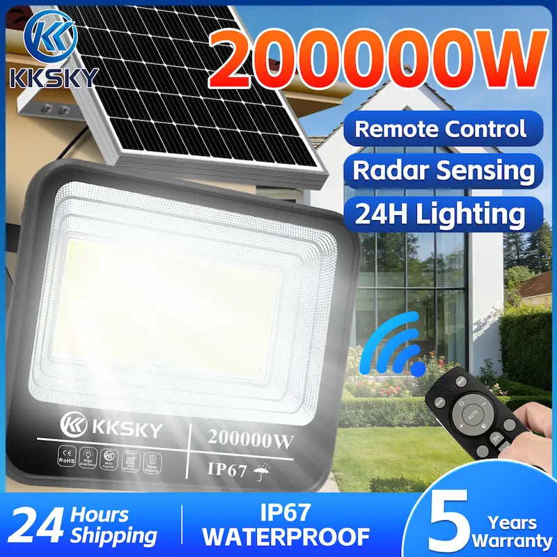 KKSKY Solar Light With Solar Panel Outdoor Waterproof LED Flood Light, radar sensing, remote control, 24H lighting IP67 solar floodlight