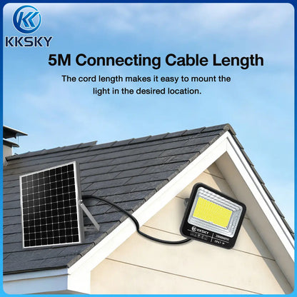 KKSKY solar LED flood light with 5M connecting cable, separate solar panel flexible roof outdoor mounting