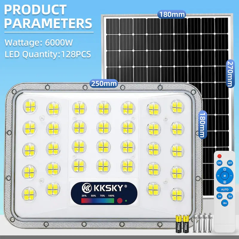 KKSKY 6000W solar flood light parameter chart, 128PCS LED chips split outdoor solar LED street light with remote control, IP67 waterproof heavy duty solar floodlight dimension