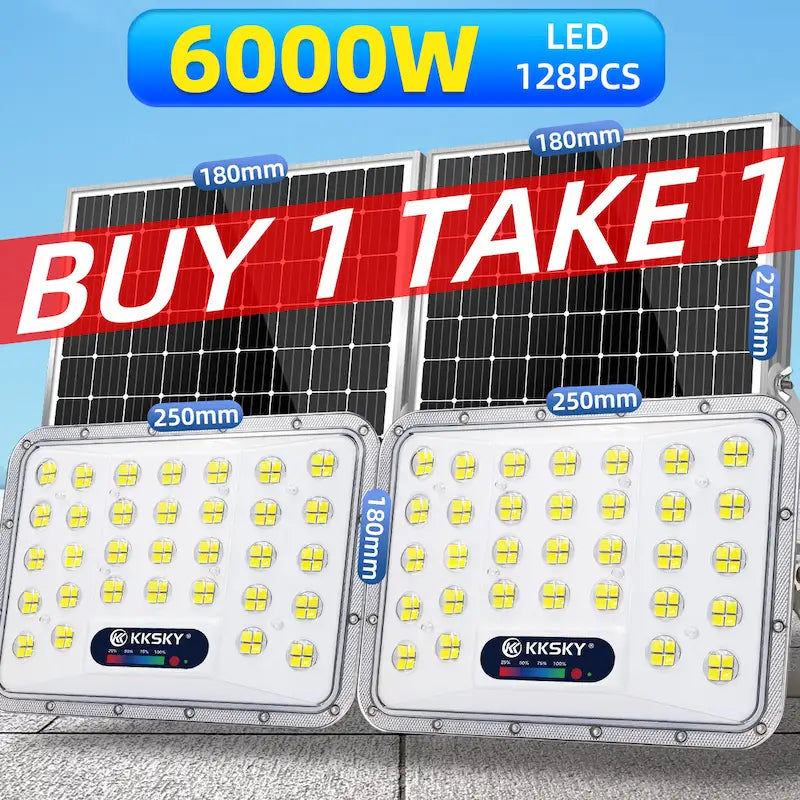 KKSKY 6000W solar flood light buy 1 take 1 promo bundle, 128PCS LED split solar floodlight outdoor LED street light for yard garage farm
