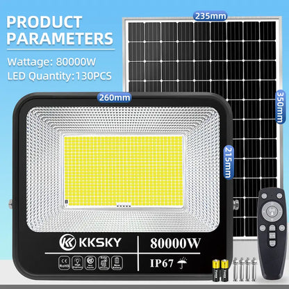 KKSKY 80000W Solar Light With Solar Panel Outdoor Waterproof LED Flood Light,130PCS LED,specs and size diagram