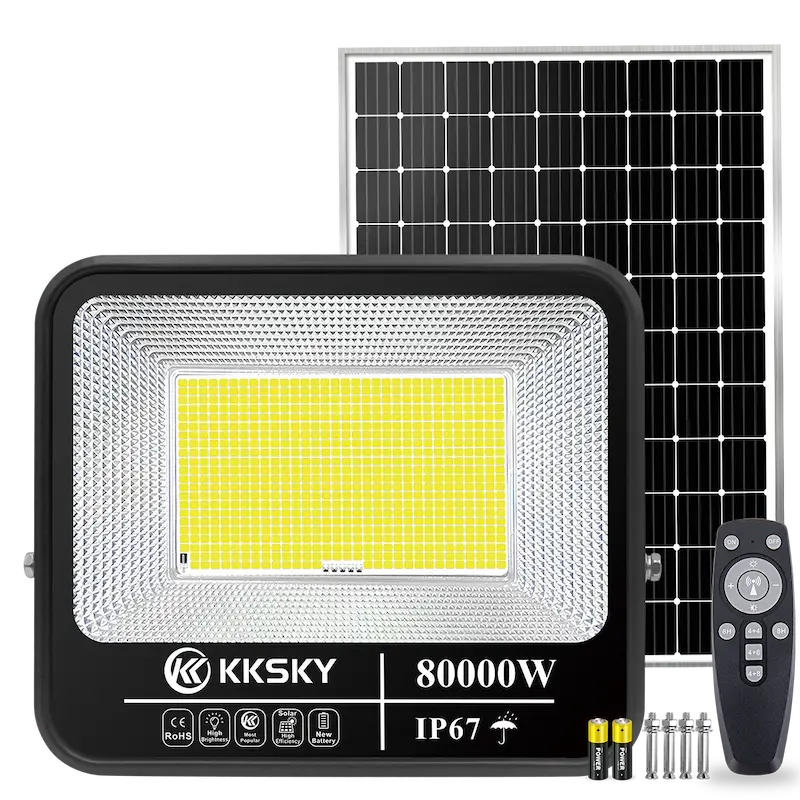 KKSKY 80000W Solar Light With Solar Panel Outdoor Waterproof LED Flood Light with remote control,white background product image