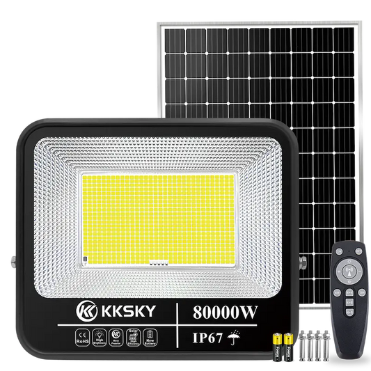 KKSKY 80000W Solar Light With Solar Panel Outdoor Waterproof LED Flood Light with remote control,white background product image