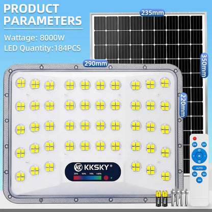 KKSKY 8000W solar flood light parameter chart, 184PCS LED chips split outdoor solar LED street light with remote control, IP67 waterproof heavy duty solar floodlight dimension