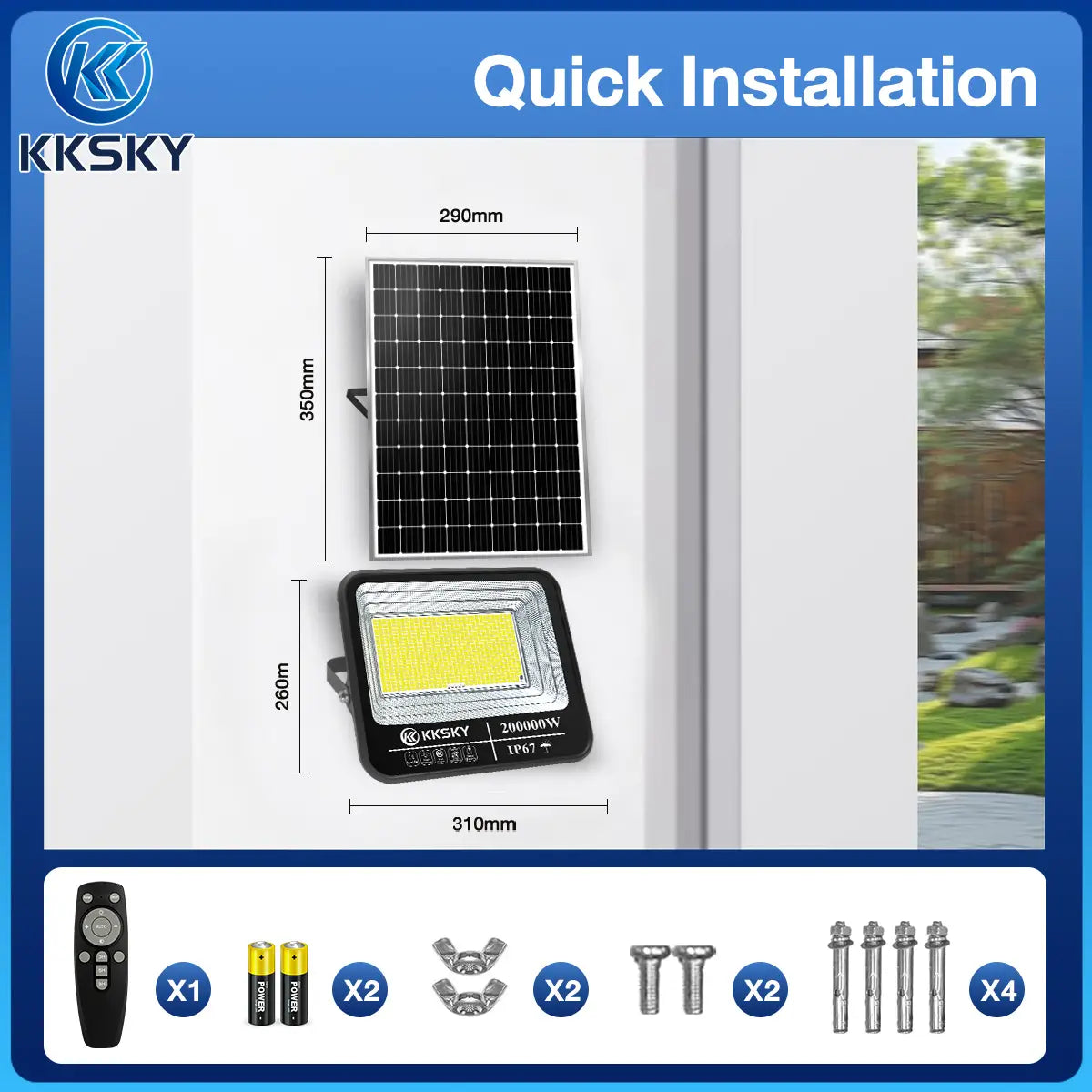 KKSKY solar flood light size diagram and installation accessories, remote control, mounting screws, quick installation