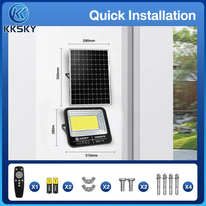 KKSKY solar flood light size diagram and installation accessories, remote control, mounting screws, quick installation
