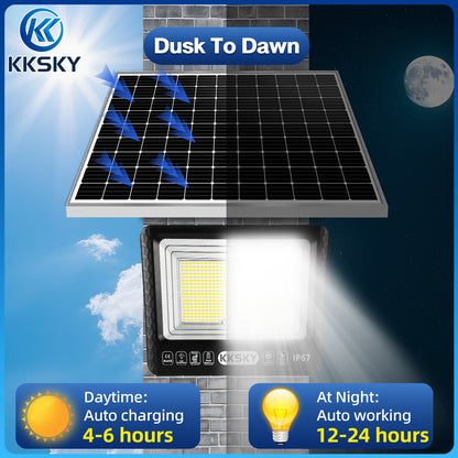 KKSKY heavy duty solar outdoor light dusk to dawn function, daytime auto charge, night auto turn on solar flood lamp
