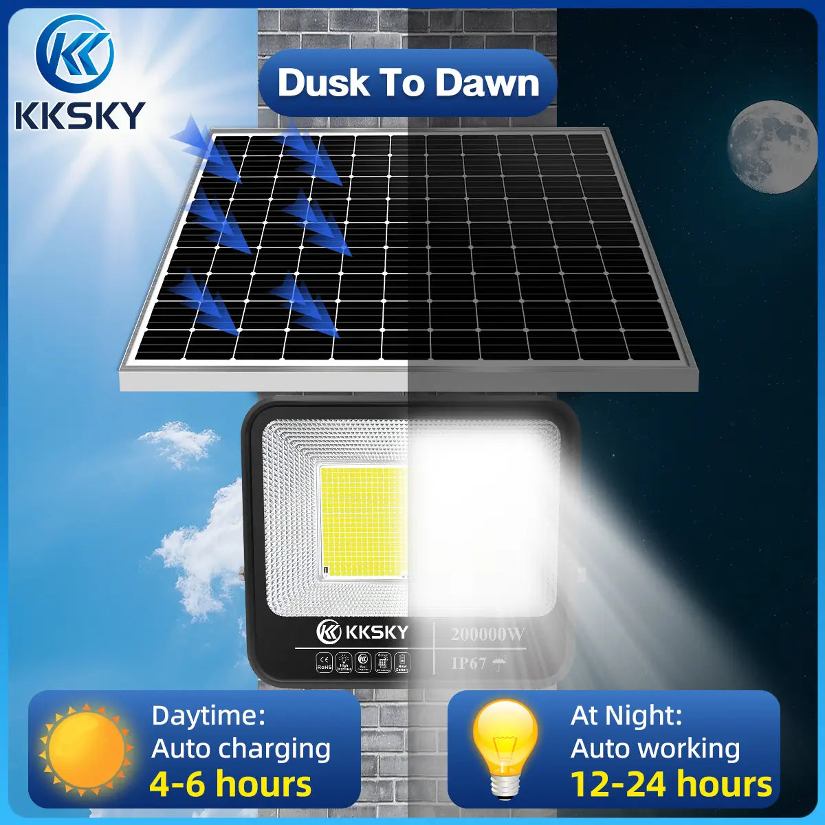 KKSKY outdoor solar flood light dusk to dawn function, auto charge daytime and auto light up at night