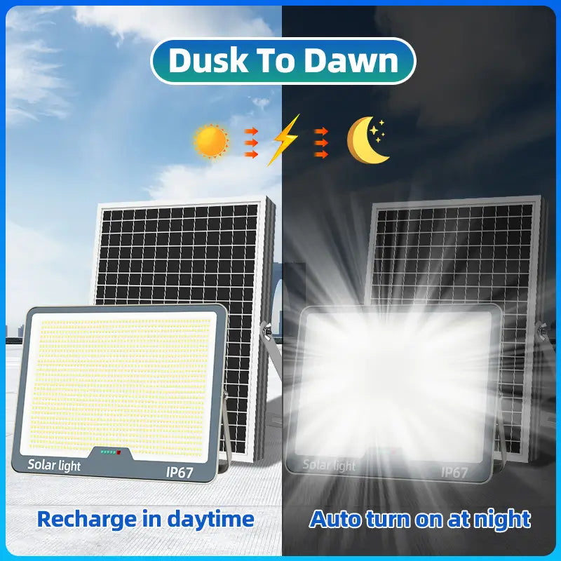 KKSKY solar flood light dusk to dawn function auto charge daytime turn on automatically at night