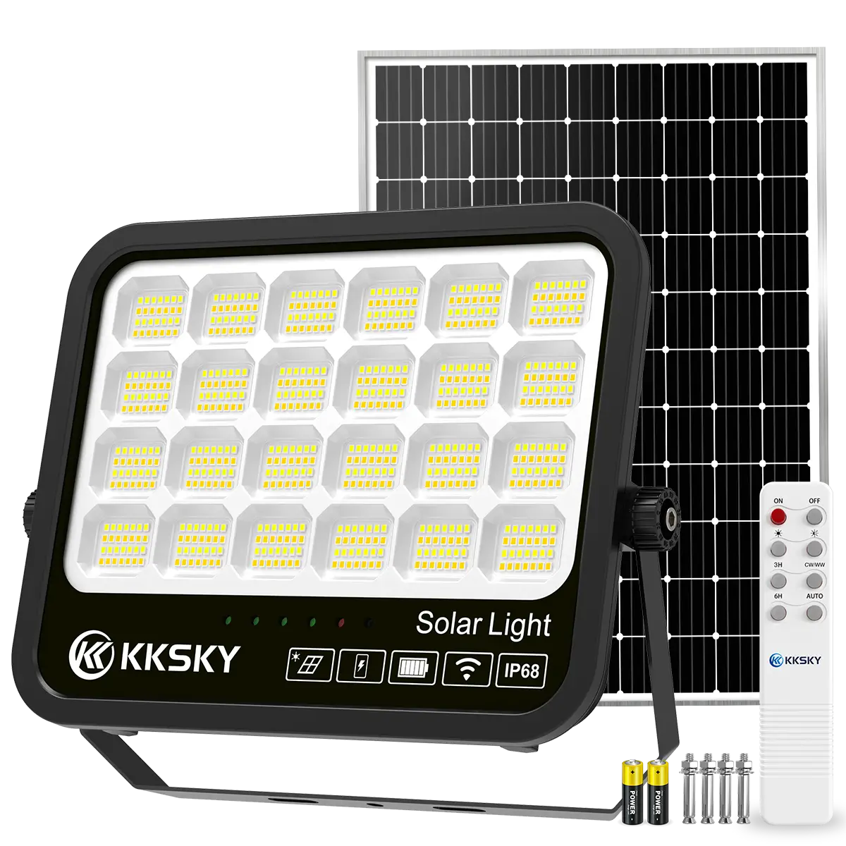 KKSKY solar light outdoor IP68 waterproof solar flood light main product view with separate solar panel, remote control and mounting hardware kit