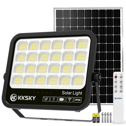 KKSKY solar light outdoor IP68 waterproof solar flood light main product view with separate solar panel, remote control and mounting hardware kit