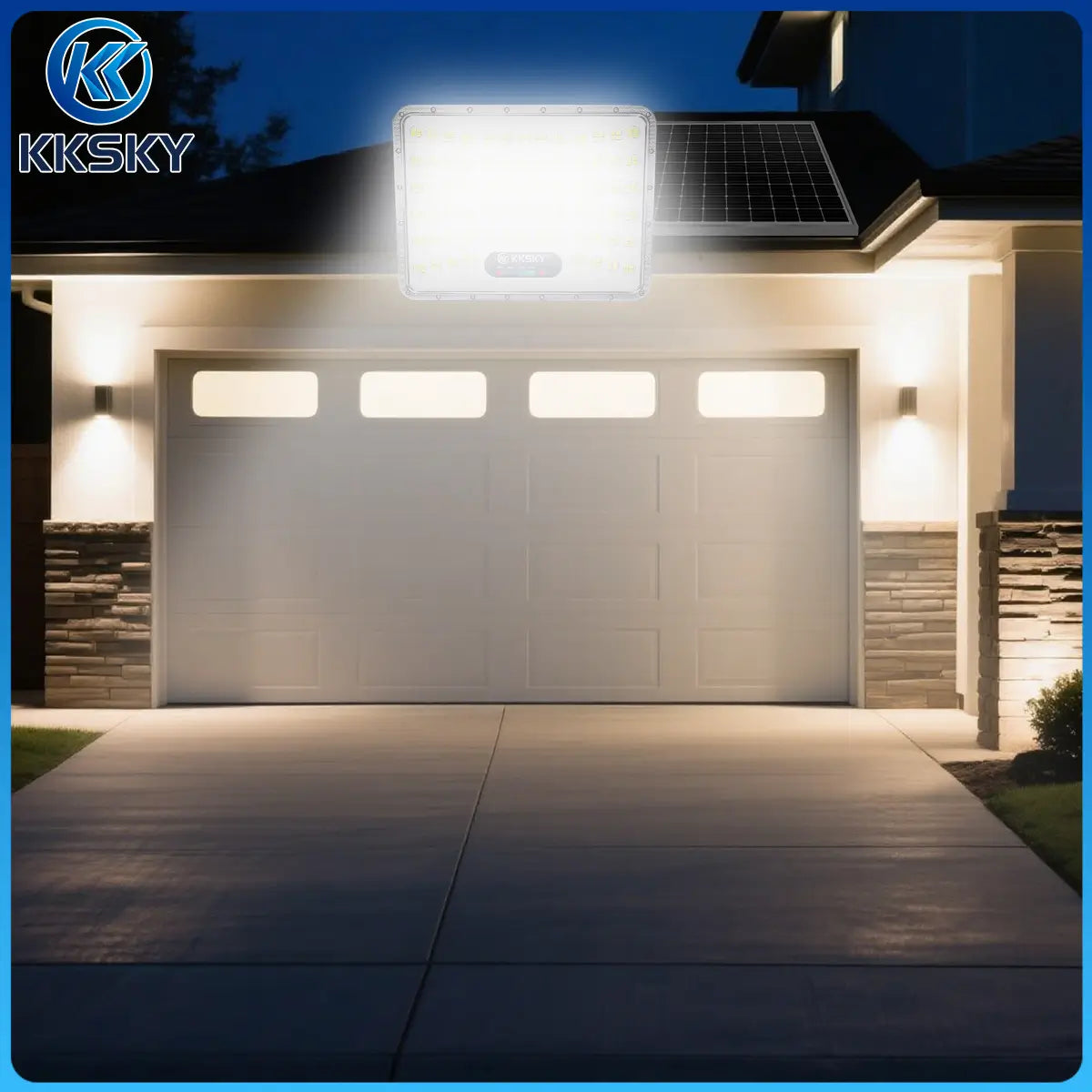 KKSKY solar flood light real night lighting effect, bright outdoor illumination for garage driveway yard, split solar LED street light
