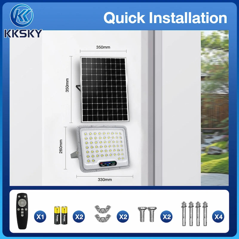 KKSKY Solar Lights Outdoor Waterproof IP67 Heavy Duty Solar Street Lights LED Floodlight, quick installation, dimension diagram and complete mounting accessories