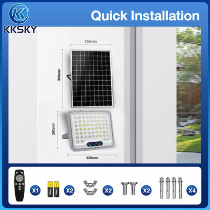 KKSKY Solar Lights Outdoor Waterproof IP67 Heavy Duty Solar Street Lights LED Floodlight, quick installation, dimension diagram and complete mounting accessories