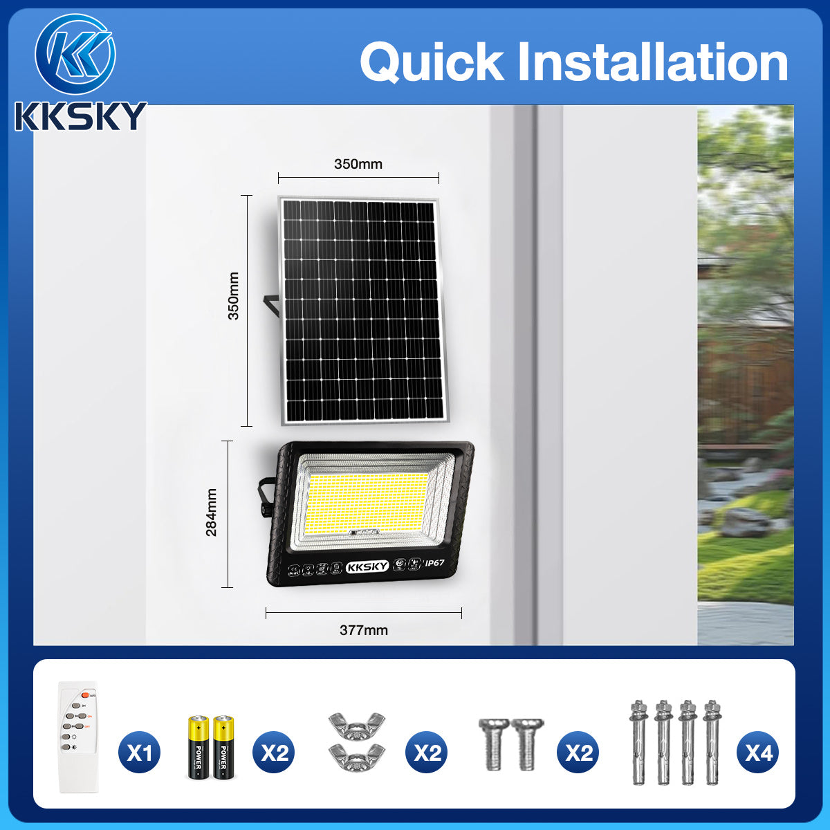 Quick installation guide for KKSKY solar outdoor LED lamp, dimension drawing and complete mounting hardware kit