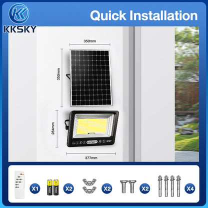 Quick installation guide for KKSKY solar outdoor LED lamp, dimension drawing and complete mounting hardware kit