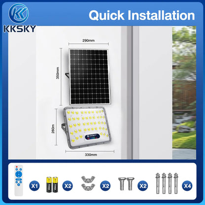 KKSKY solar flood light quick installation, complete mounting hardware accessories, split outdoor solar LED street light dimension diagram