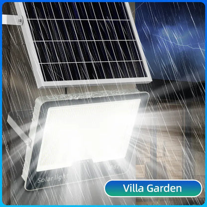 KKSKY solar flood light installed on villa garden working normally during heavy rain ip67 waterproof